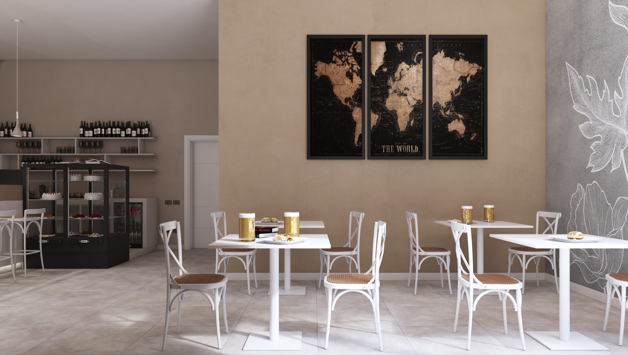 rendering di allestimento bar con tavolini e sedie colore bianco per bar e ristoranti